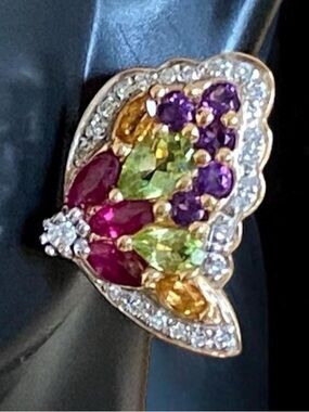 GORGEOUS Estate 14K Yellow Gold BUTTERFLY Multi-Gemstone Omega Back Earrings!